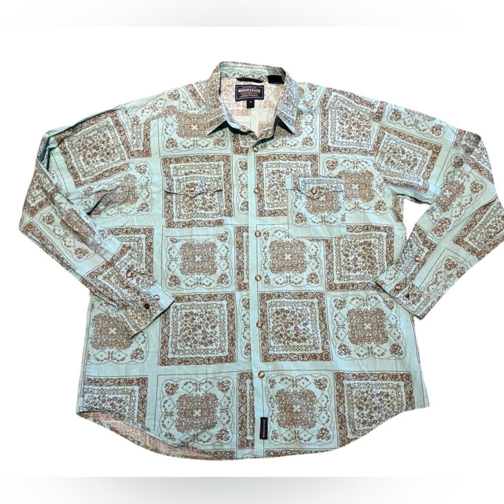 Roughstock by Panhandle Slim Aqua and Brown Bandana Pearl Snap Long Sleeve Shirt